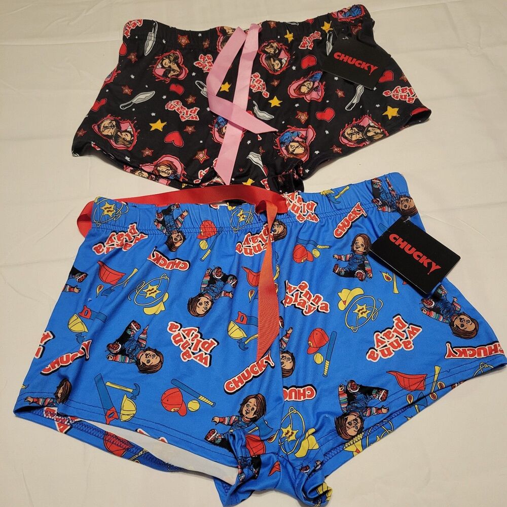 Shorts Sleepwear Women's Lot 2 Size Medium Blue and Red Chucky Print NWT